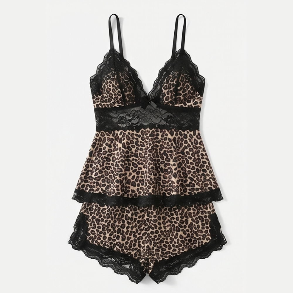 Leopard print peplum cami and shorts set laid flat