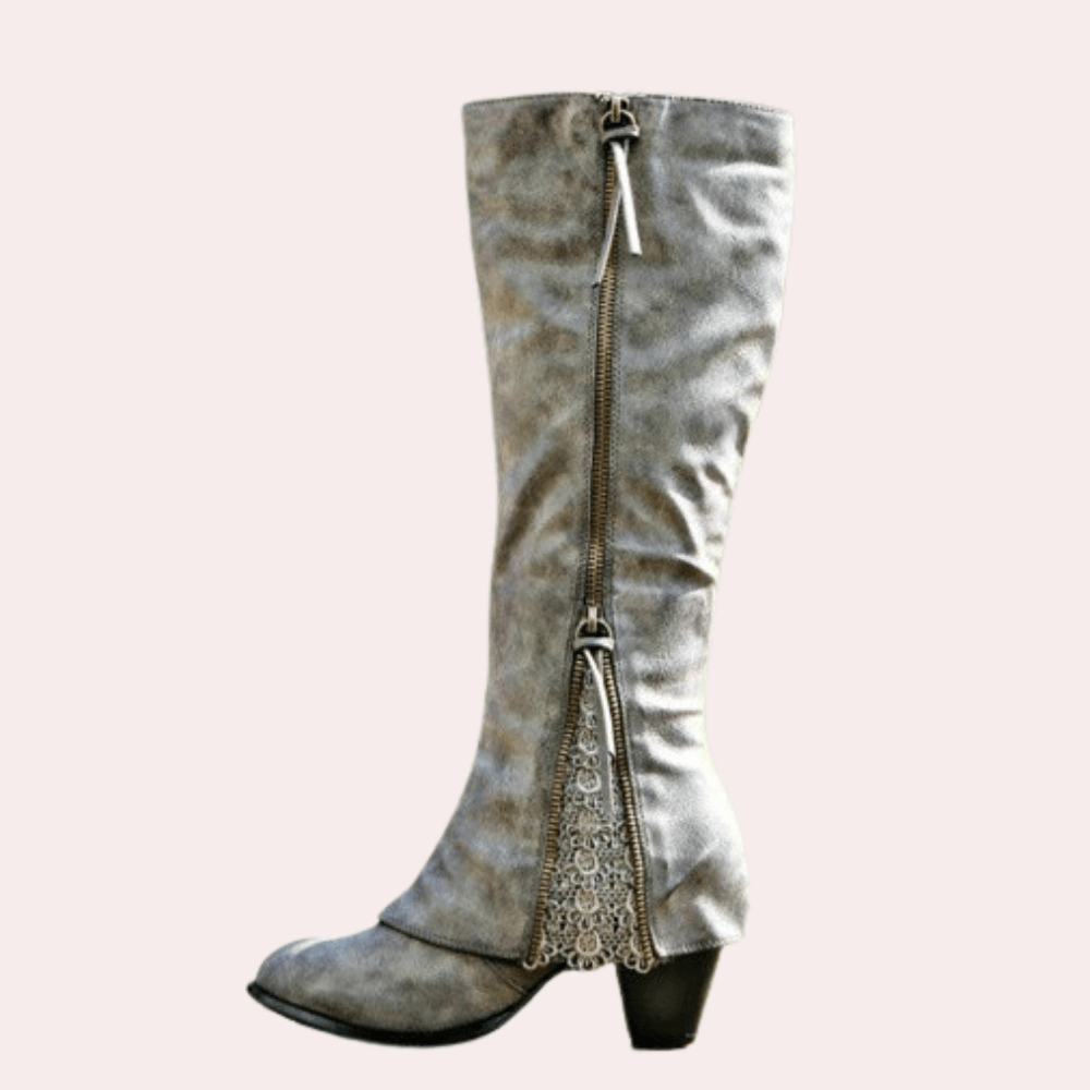 Grey distressed knee high boot with side zip, lace panel and block heel