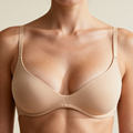 Nude unlined plunge bra with thin straps and a low centre front