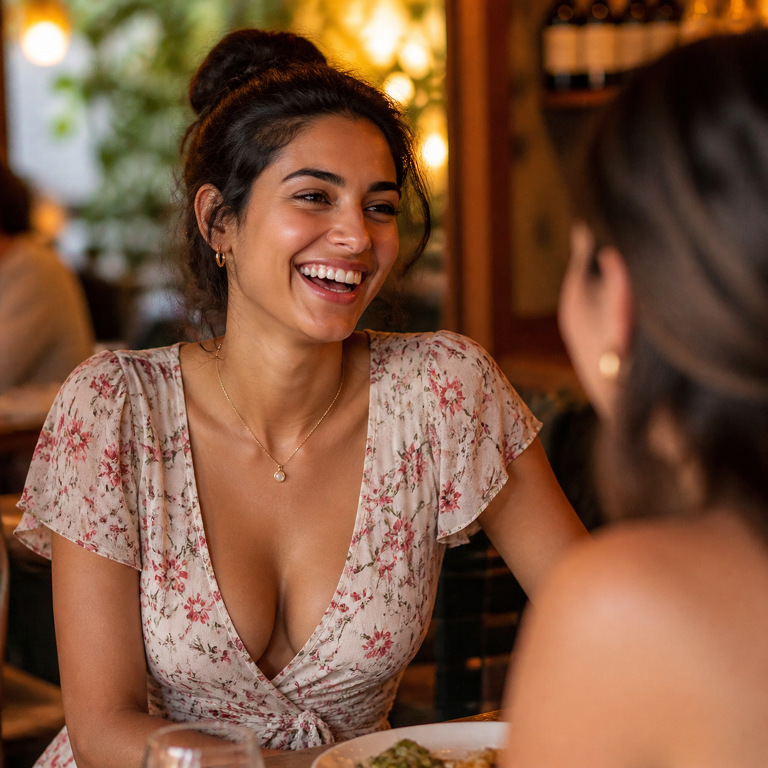Woman laughing at a restaurant table in a floral wrap top
