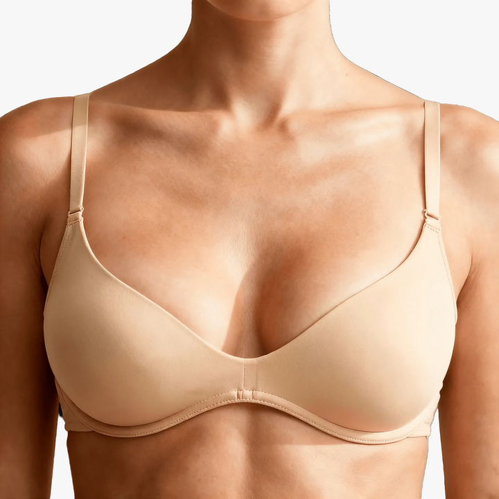 Nude unlined plunge bra worn on a body