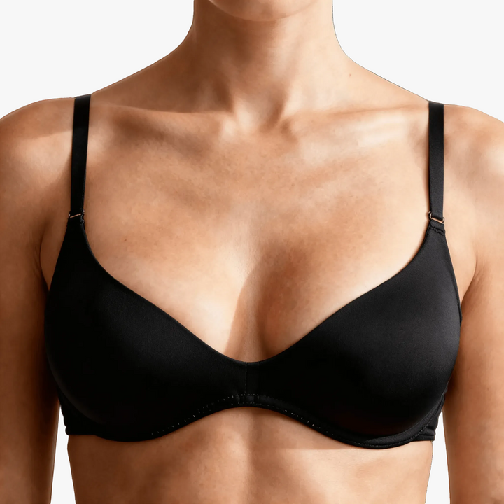 Black unlined plunge bra worn on a body