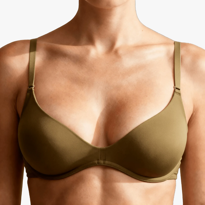 Olive unlined plunge bra worn on a body
