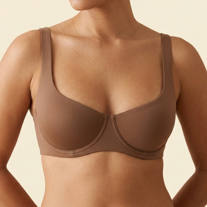 Mocha unlined balconette bra with wide straps and a low neckline