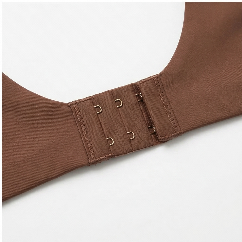 Three-row hook and eye closure on a mocha bra band