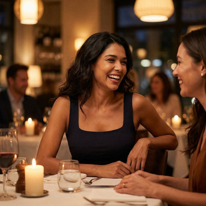 Woman at a candlelit restaurant table in a black square neck top