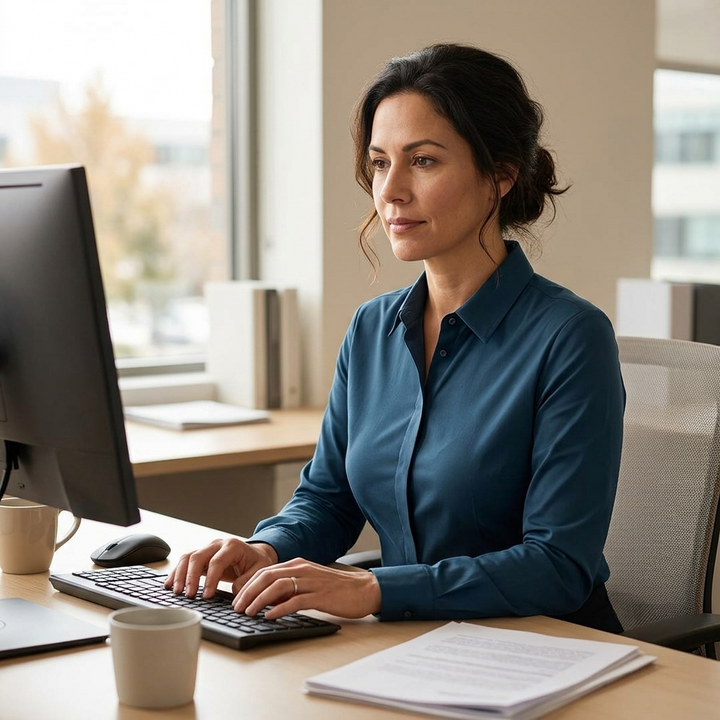 Woman working at a desk in a teal blouse