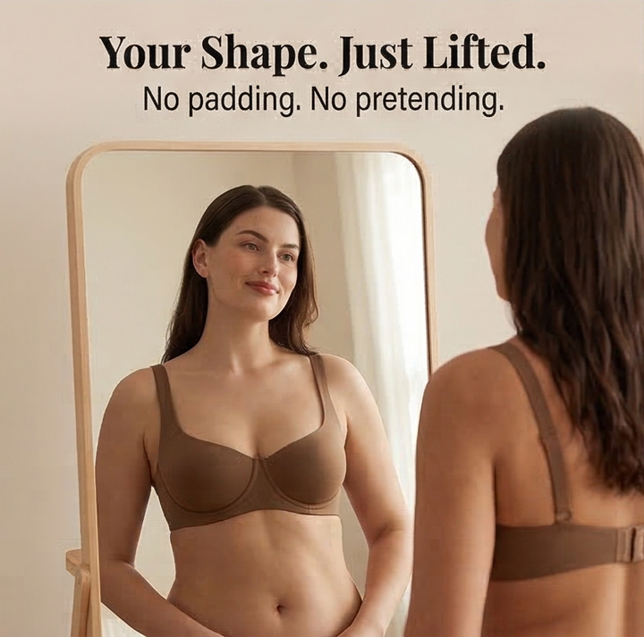 Feature panel at a mirror in a mocha balconette bra