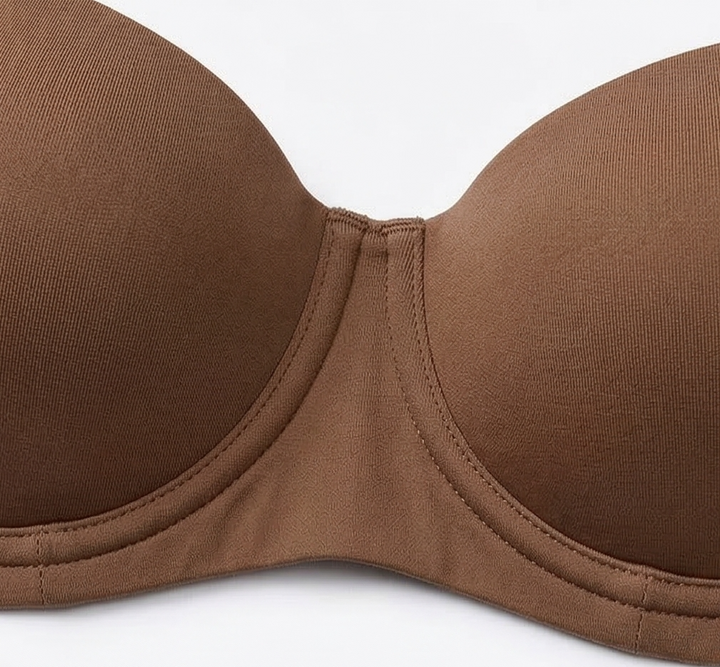 Close-up of the moulded cup and underwire seam in mocha