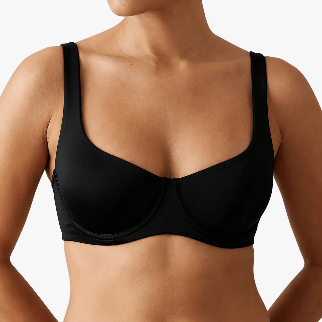 Black unlined balconette bra worn on a body