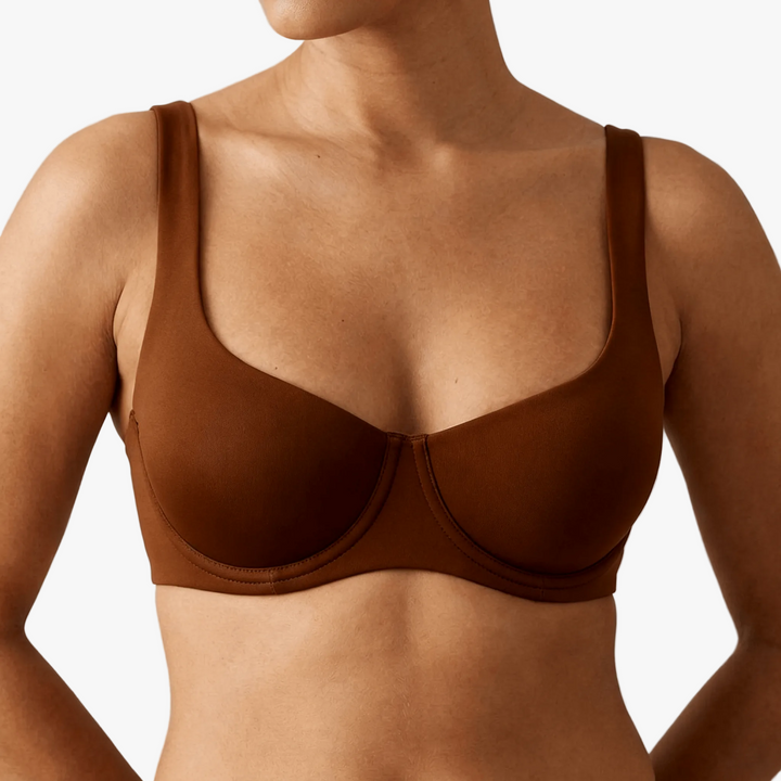 Chocolate unlined balconette bra worn on a body