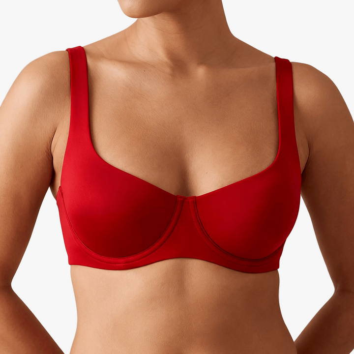 Red unlined balconette bra worn on a body