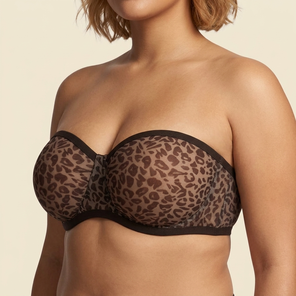 Leopard print mesh strapless bra with a black trim
