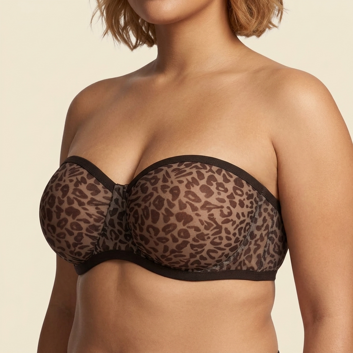 Leopard print mesh strapless bra with a black trim