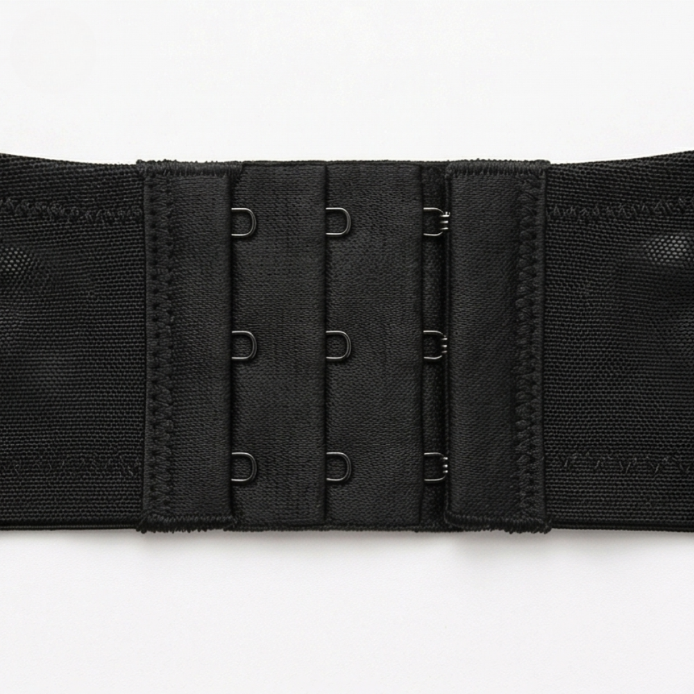 Close-up of the three-row hook and eye band in black