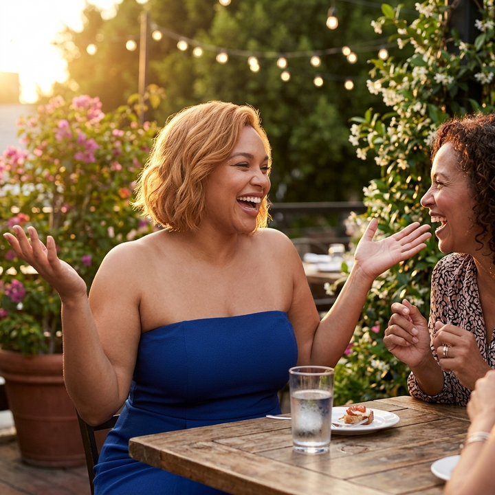 Woman laughing on a terrace in a blue strapless dress