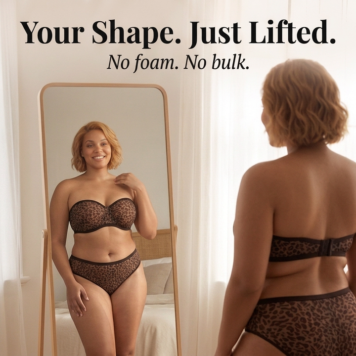 Feature panel showing a leopard print strapless bra and briefs front and back