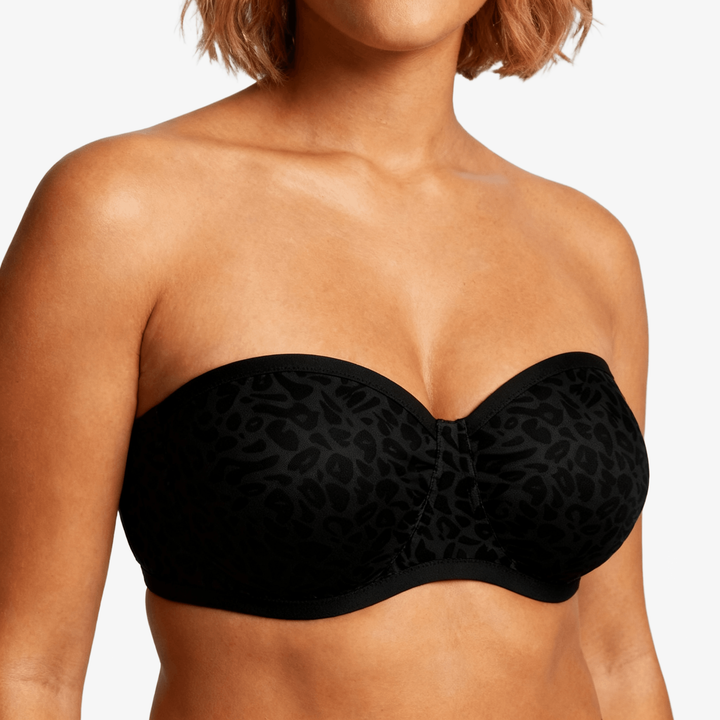 Black leopard print mesh strapless bra on a body