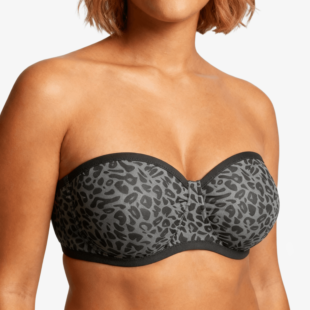 Grey leopard print mesh strapless bra on a body