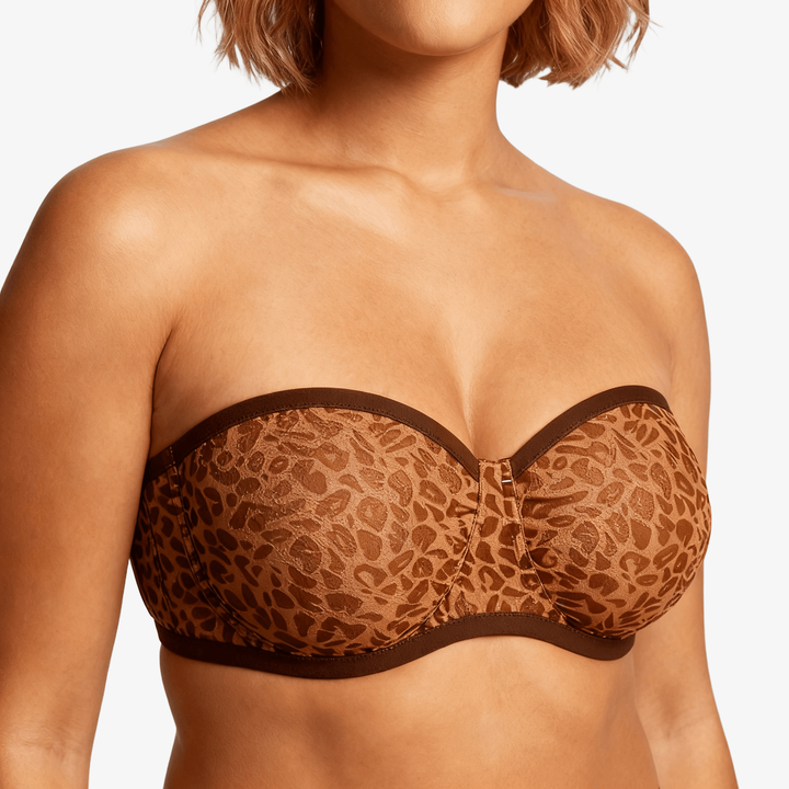 Brown leopard print mesh strapless bra on a body