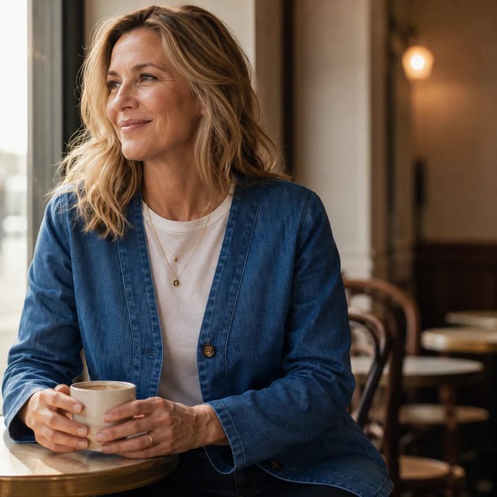Woman with a mug at a cafe in a collarless denim look jacket