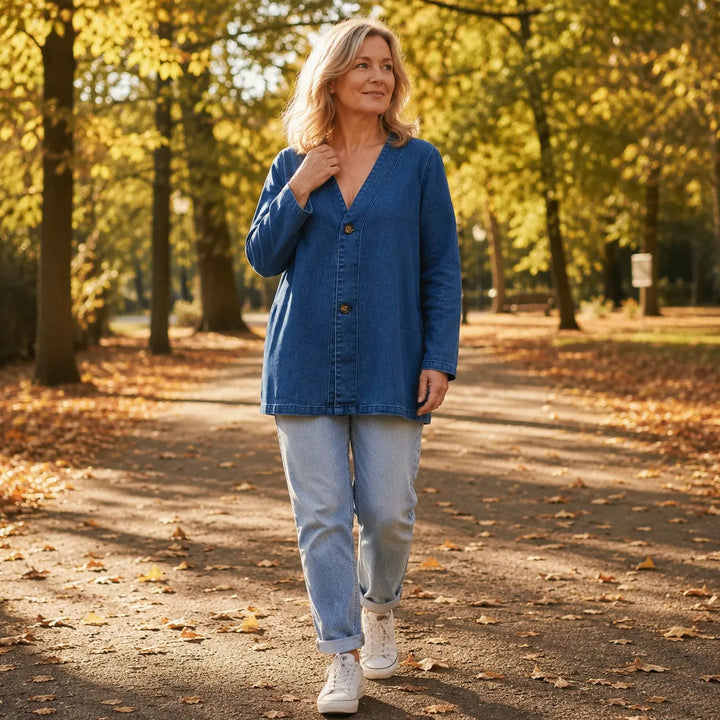 Woman on an autumn avenue in a collarless denim look jacket