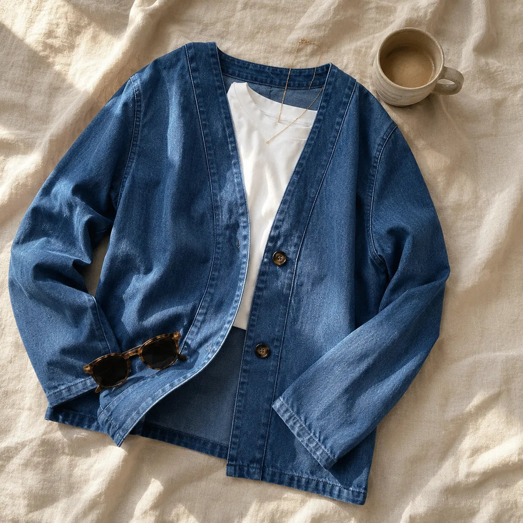 Flat lay of a collarless denim look jacket with a white tee