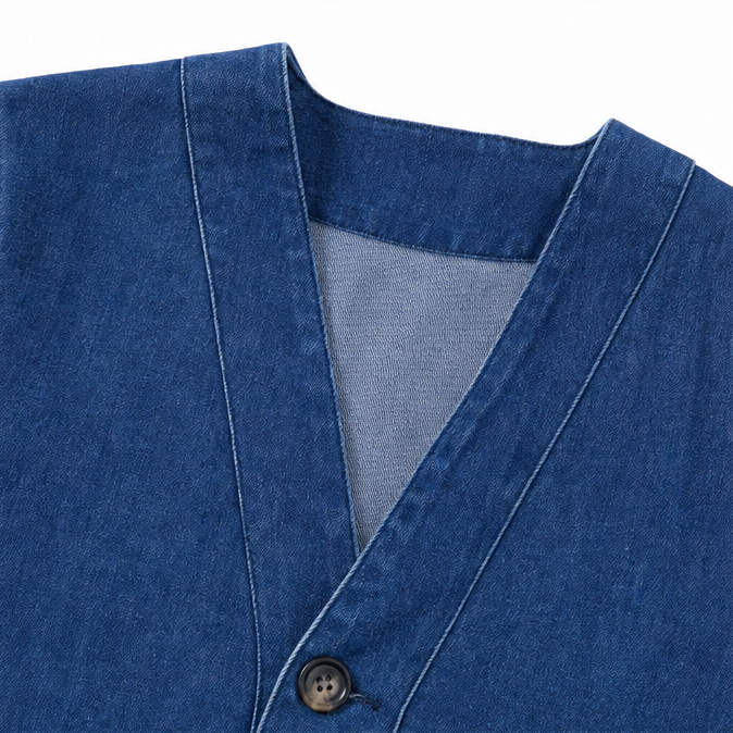 Close up of the V neckline and topstitching on a denim jacket