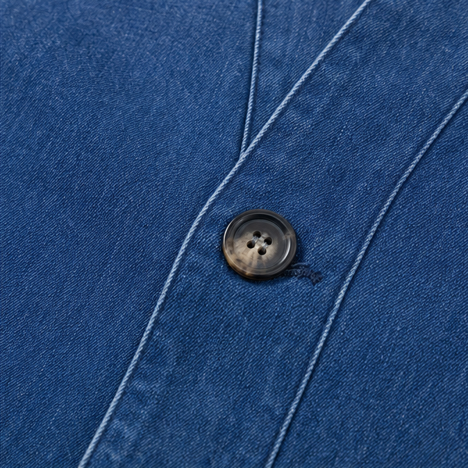 Close up of a horn button on a denim look jacket