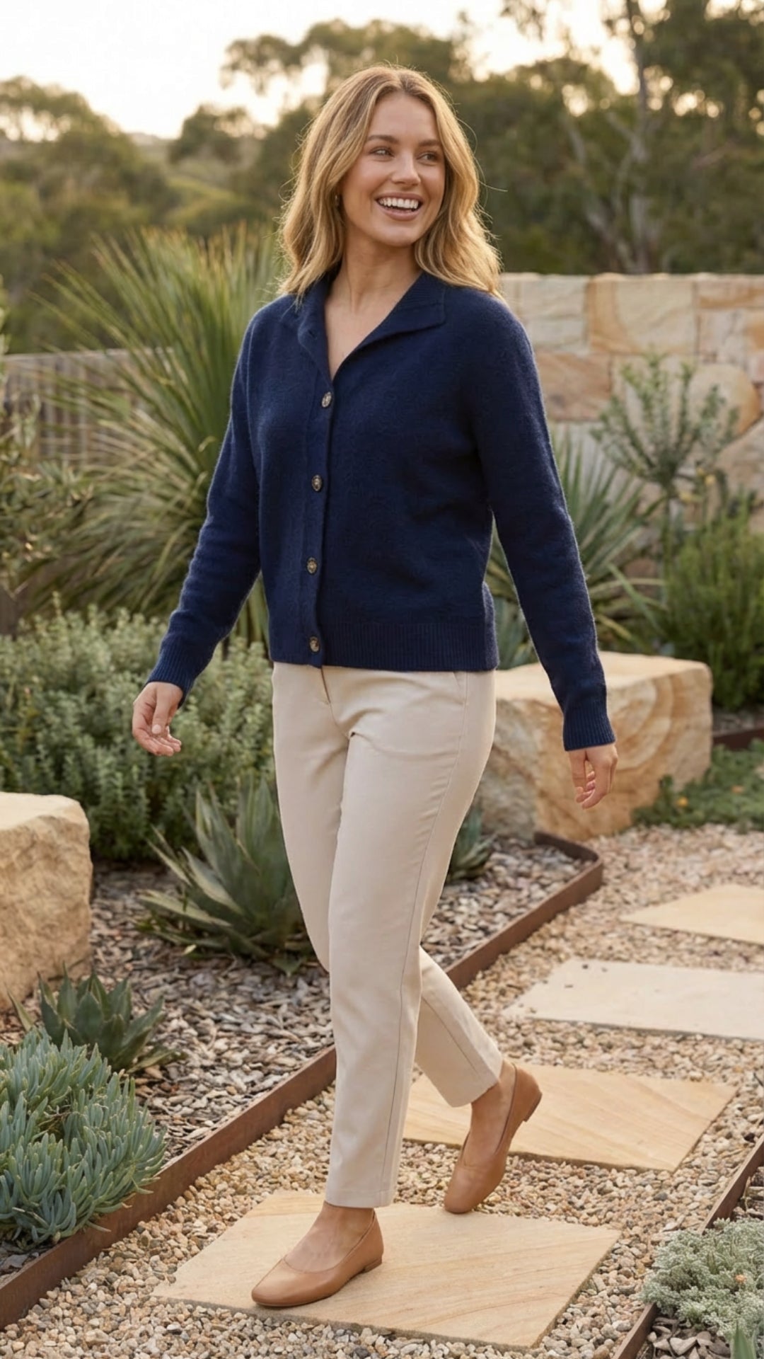Navy knit button front cardigan with collar, worn open over cream trousers and tan flats