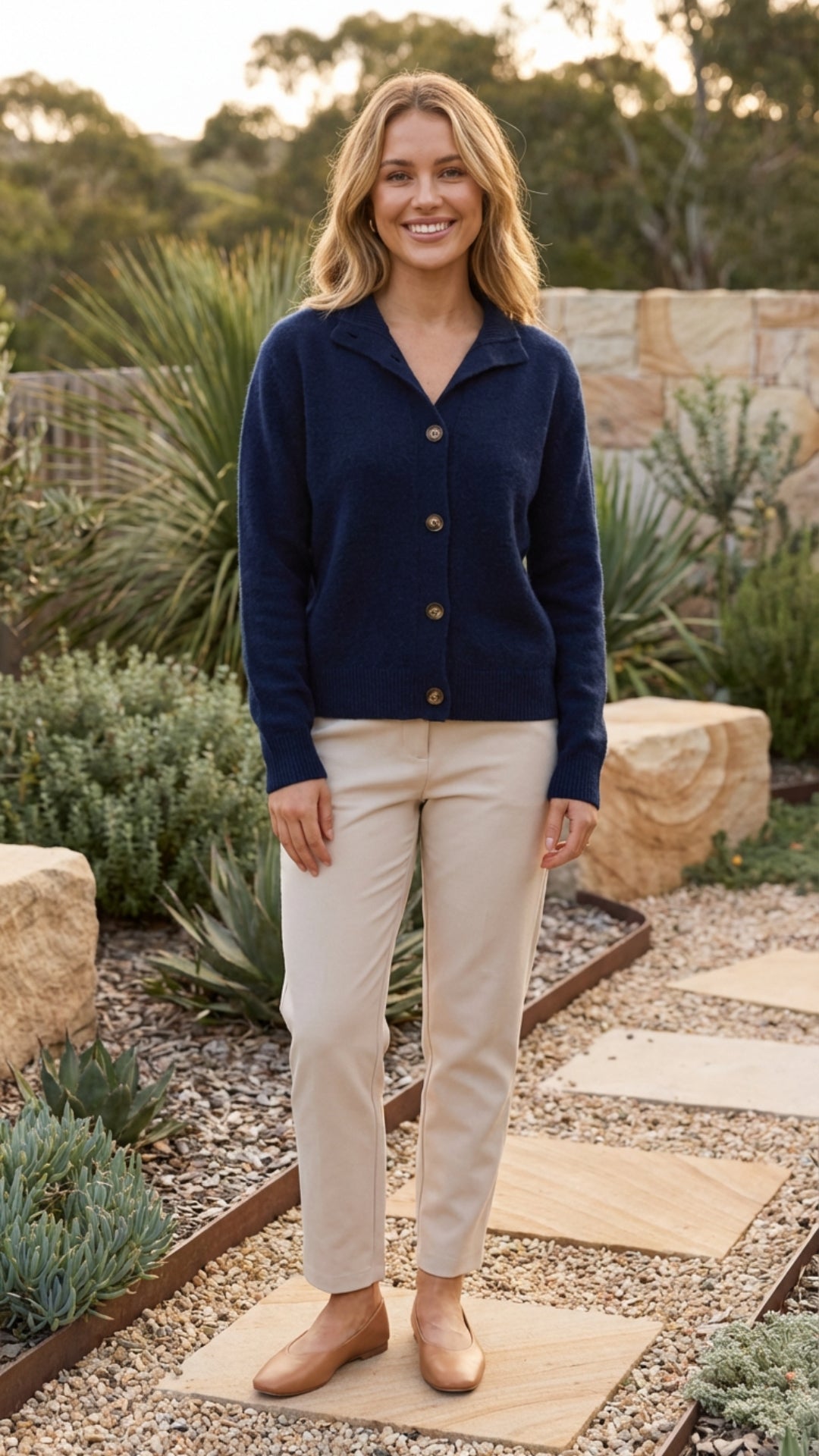 Navy collared button front knit cardigan worn with cream trousers in a garden, full length front view