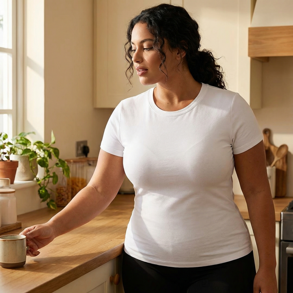 Woman in a white tee reaching for a mug in a kitchen