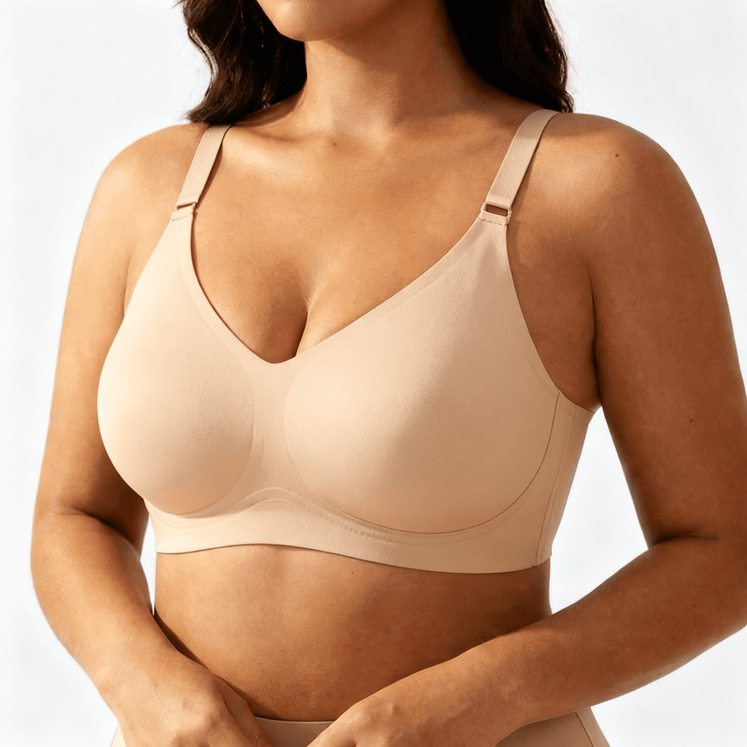 Cream cotton blend wireless bra worn on a body