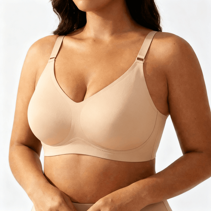 Cream cotton blend wireless bra worn on a body