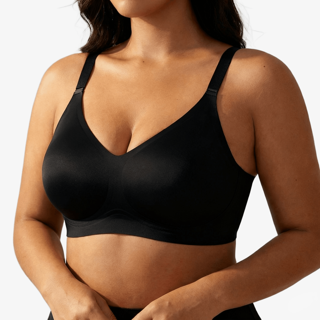 Black cotton blend wireless bra worn on a body