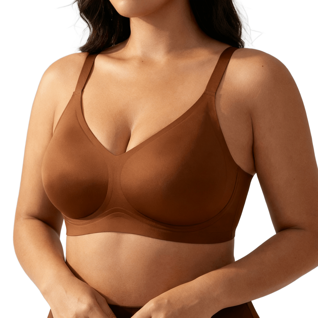 Chocolate cotton blend wireless bra on a black backdrop