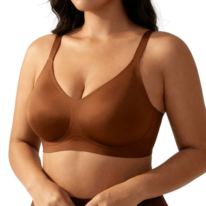 Chocolate cotton blend wireless bra on a black backdrop