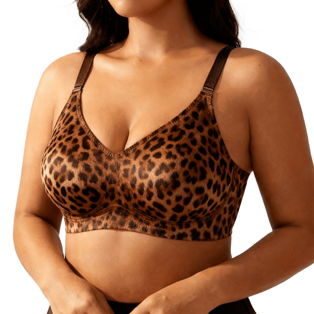 Leopard print cotton blend wireless bra on a black backdrop