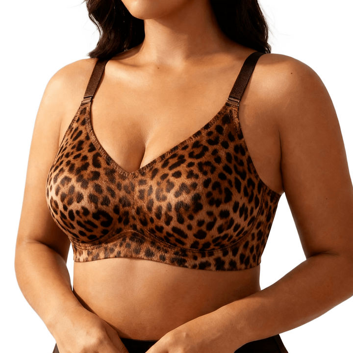 Leopard print cotton blend wireless bra on a black backdrop