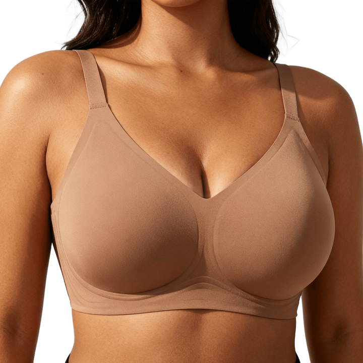 Taupe cotton blend wireless bra worn on a body