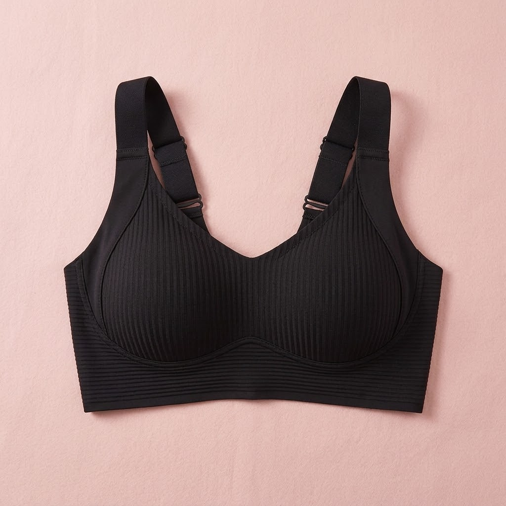 Black ribbed wireless bra laid flat on a pink background