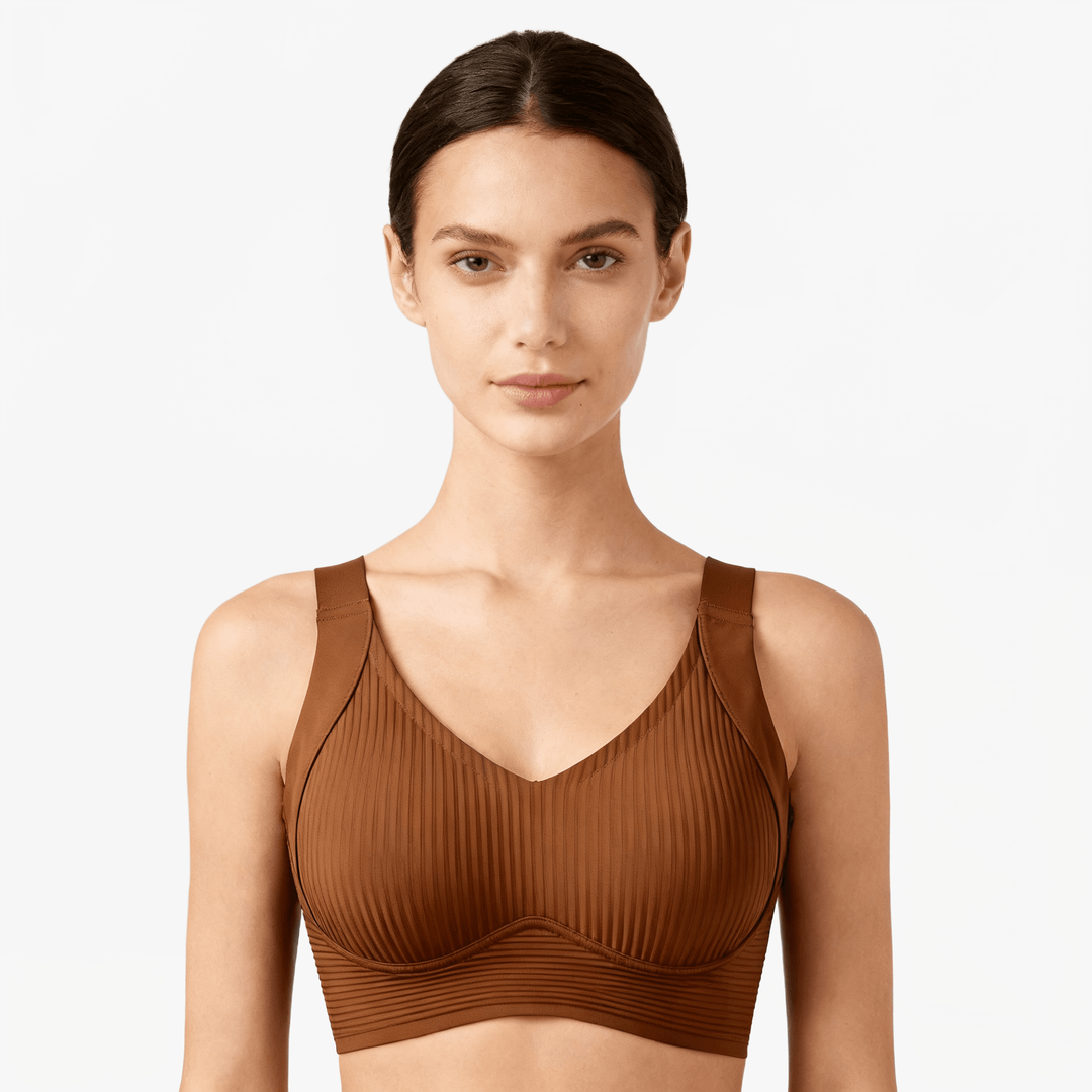 Rust ribbed cooling bra worn on a body