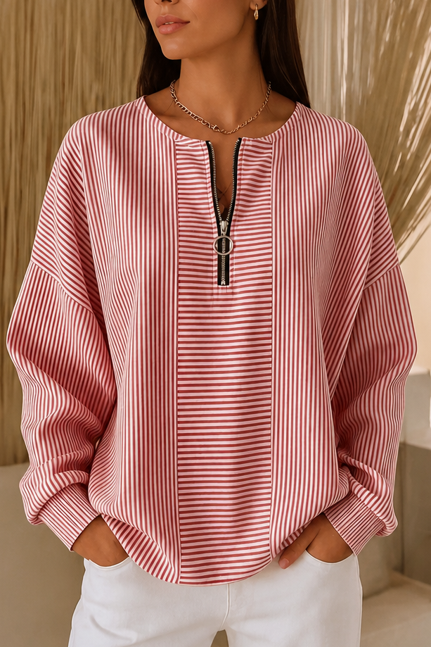 Red striped quarter zip top with a contrast front panel