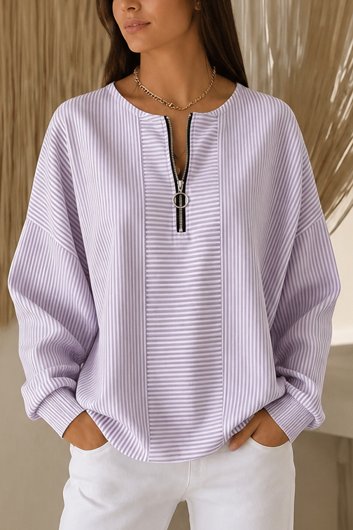 Lilac striped quarter zip top with a contrast front panel