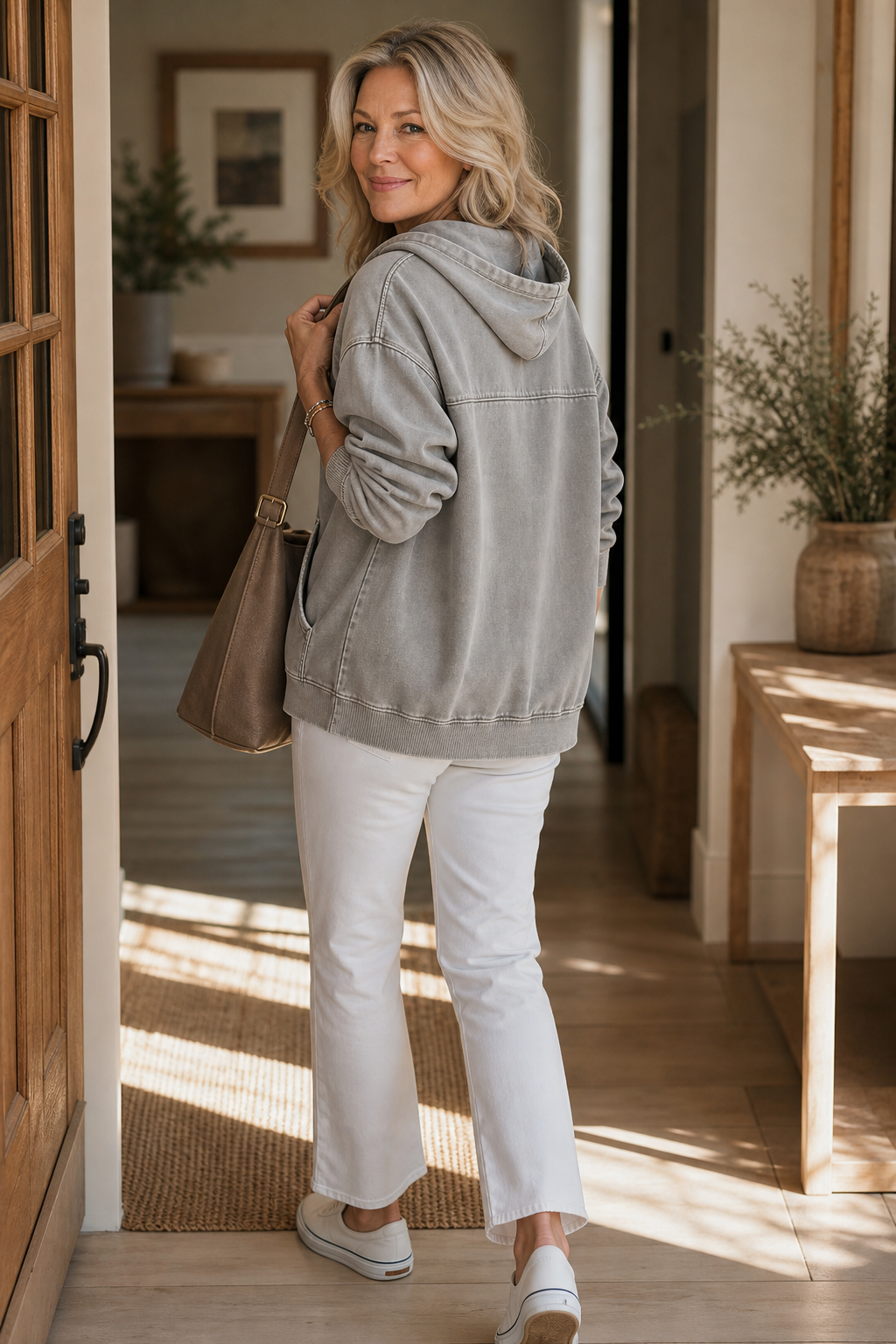 Grey washed zip up hoodie with a shoulder bag in a hallway