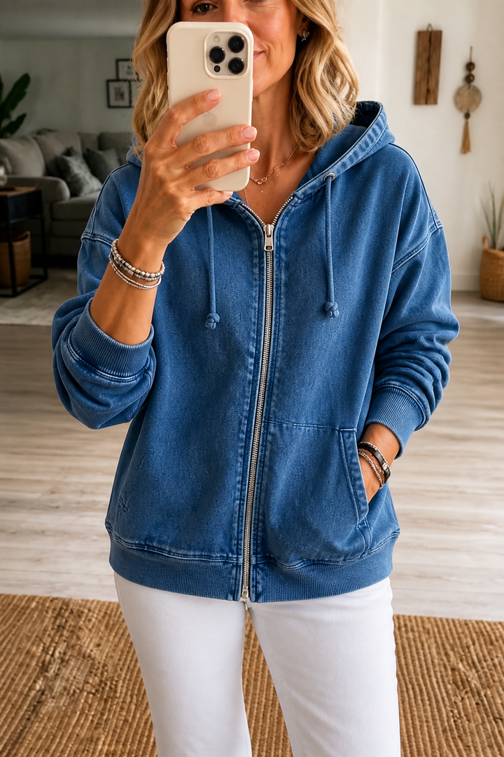 Washed blue relaxed zip up hoodie with front pockets