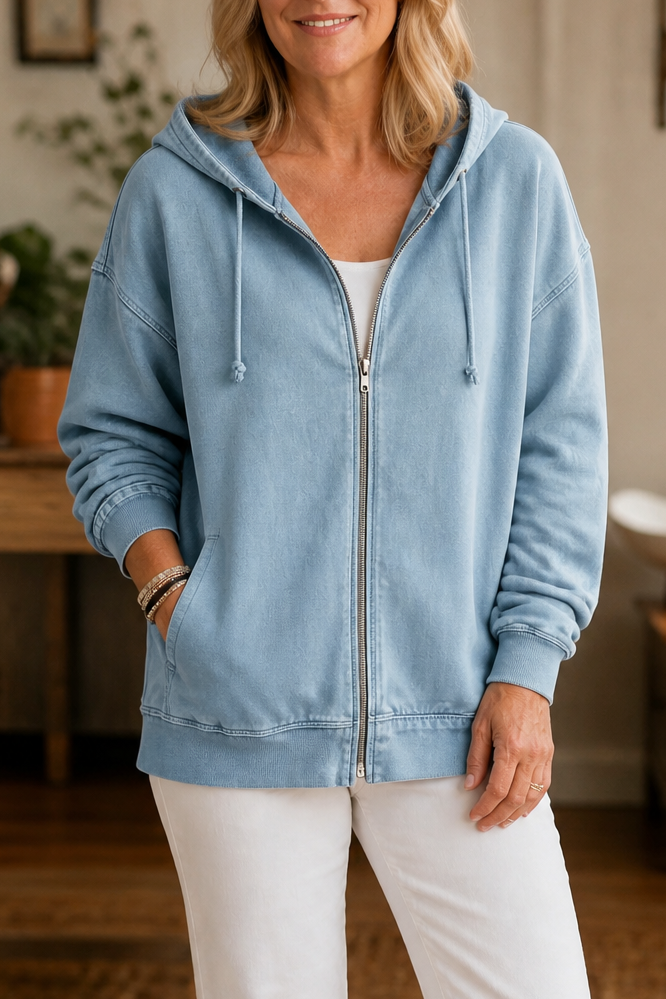 Light blue washed relaxed zip up hoodie with white jeans