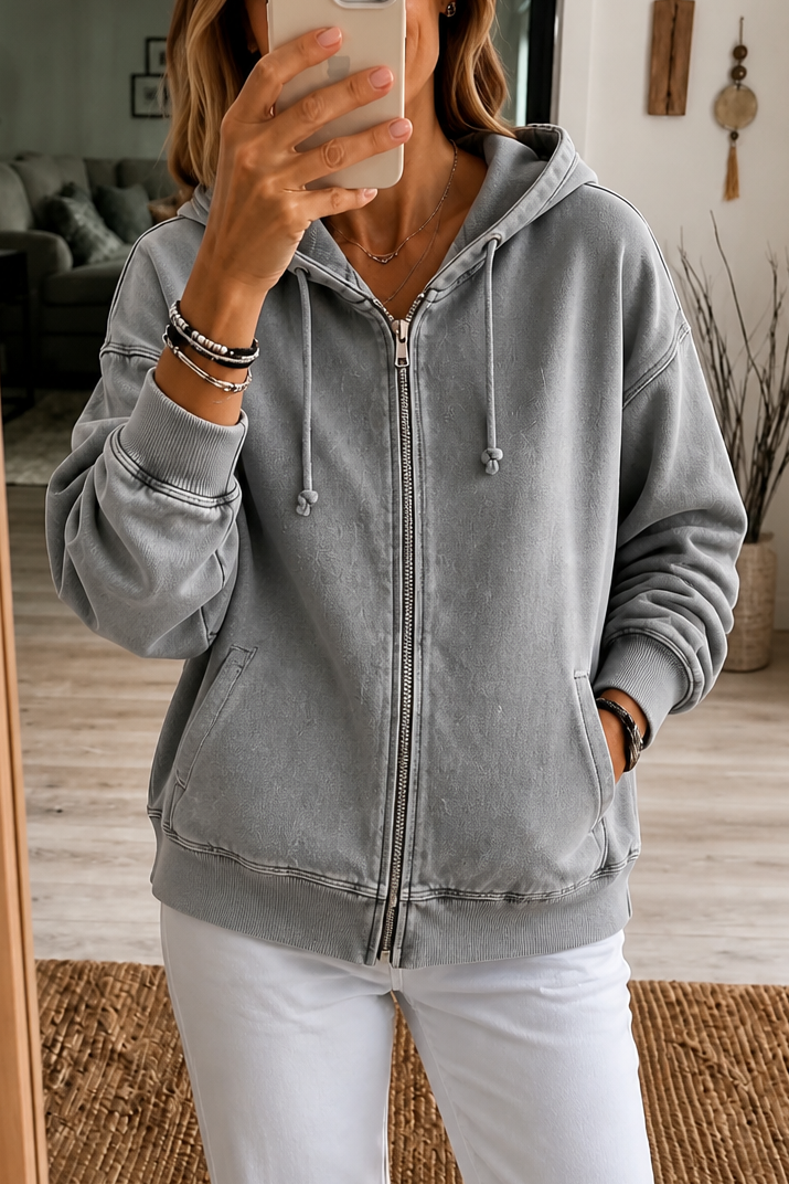 Washed grey relaxed zip up hoodie with front pockets