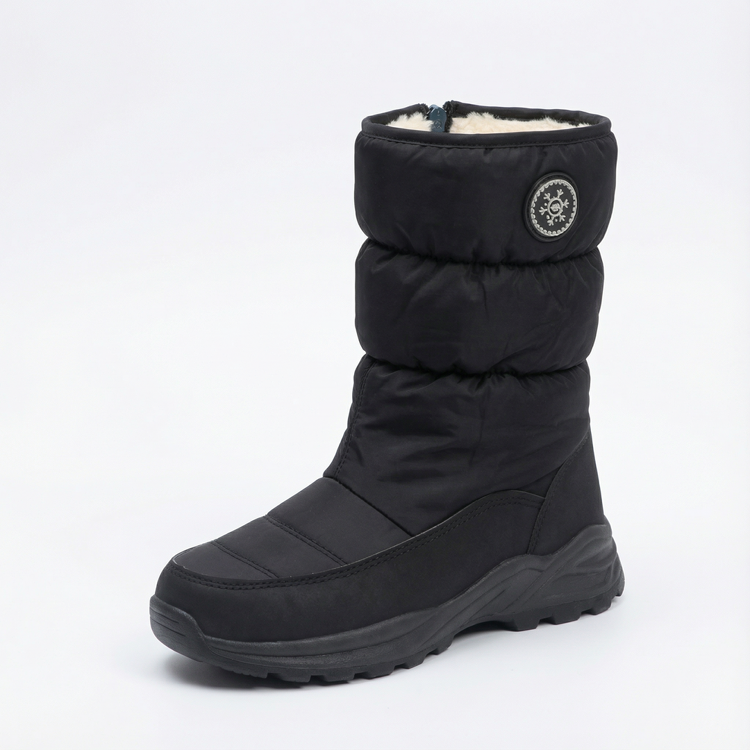 Black padded winter boot with cream fur lining and rugged rubber sole
