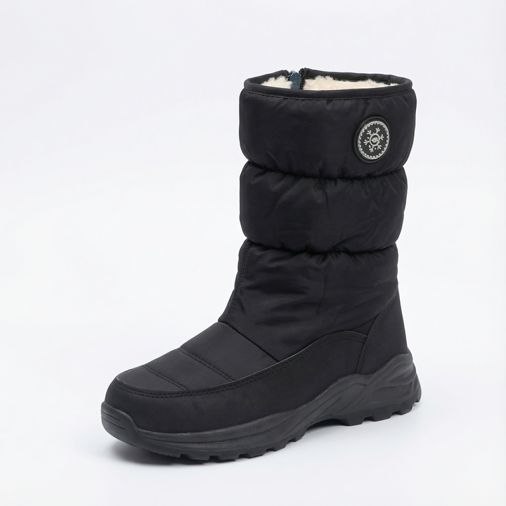 Black padded winter boot with cream fur lining and rugged rubber sole